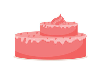 Pink cake icon. Cafe or restaurant menu, sweetness, tasty but unhealthy food. Sticker for social networks and messengers. Cartoon flat vector illustration