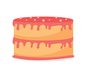 Pink cake icon. Sweet but unhealthy food in strawberry glaze. Dessert and delicacy, flour products. Cafe or restaurant menu. Poster or banner for website. Cartoon flat vector illustration