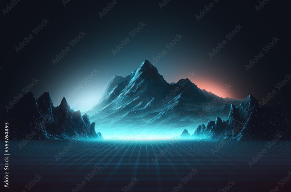 Poster retro futuristic background. abstract digital landscape with particles dots and stars on horizon. wi