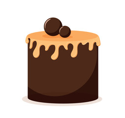 Cocoa cake icon. Sticker for social networks and messengers. Sweet food in chocolate icing. Holidays and festivals. Christmas, wedding anniversary and birthday. Cartoon flat vector illustration