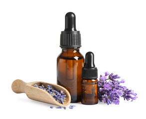 Bottles of essential oil and lavender flowers on white background - obrazy, fototapety, plakaty