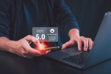 Businessmen choosing on the  icon to give satisfaction in service, Customer service and Satisfaction concept, rating very impressed. review, feedback, best quality, good mood.