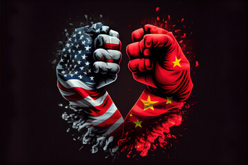 Fist fight with national flags of China and USA.