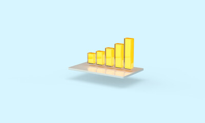 Glowing statistics columns. 3d rendering on the topic of business, office, increase, income. Modern minimal style. Blue background.