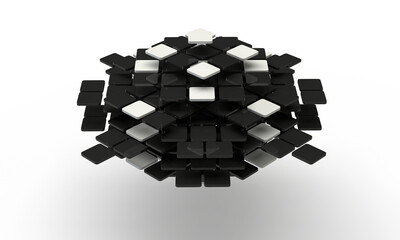 A pattern of geometric shapes. 3d rendering of cubes in a chaotic manner. Abstraction on the topic of the Internet, web, design and structure. Modern minimal style. Transparent background.