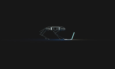 The robot dog looks at the laptop screen. 3d rendering on the topic of computers, laptops, technologies, engineering and development. Modern minimal style. Dark background.