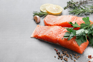 Fresh salmon and ingredients for marinade on grey table. Space for text