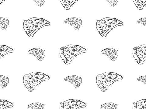 Pizza cartoon character seamless pattern on white background.