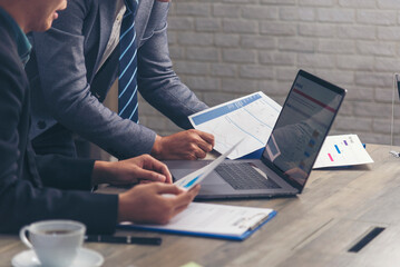 Business strategy team report chart, graph, infographic data analyze financial report plan. Hands team partner planning marketing finance statistics sale report with excel spreadsheet accountting