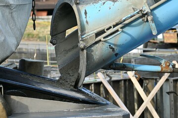 A view of a residential building construction site. The concrete placement work.