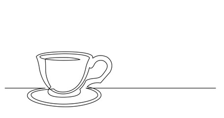 continuous line drawing vector illustration with FULLY EDITABLE STROKE of cup of coffee with saucer