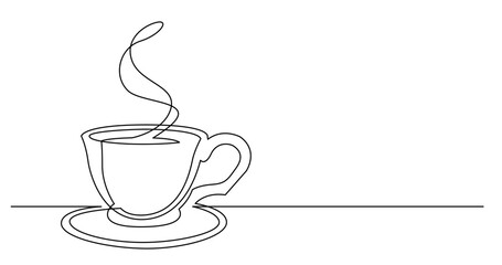 continuous line drawing vector illustration with FULLY EDITABLE STROKE of cup of hot coffee with saucer