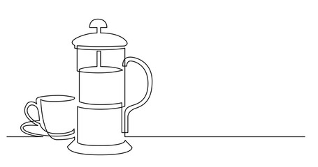 continuous line drawing vector illustration with FULLY EDITABLE STROKE of french press and cup of coffee