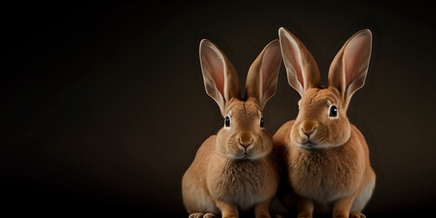 Fluffy brown Easter bunnies for a cool post or a card, includes Copy Space, AI Generative art.