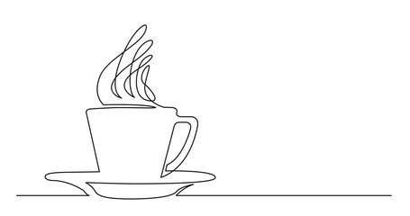 continuous line drawing vector illustration with FULLY EDITABLE STROKE of hot coffee cup and saucer