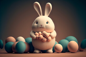 Cool 3d rendered cute fluffly Easter bunny holding chocolate eggs, AI Generative art.