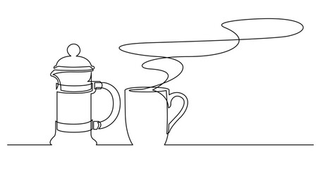 continuous line drawing vector illustration with FULLY EDITABLE STROKE of hot fresh aroma cup of coffee and french press