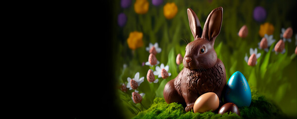 Fototapeta na wymiar Copy space chocolate Easter Bunnies and Easter Eggs in an beautiful colourful AI Generative Scene