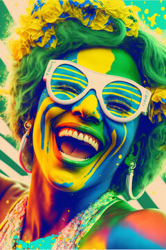 Mulher brasileira com rosto pintado comemorando o carnaval no Brasil, Generative AI, GERADO POR IA