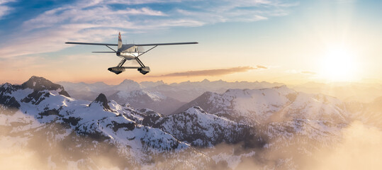Seaplane flying over the Rocky Mountains during a colorful sunset. Aerial Landscape from BC, Canada near Squamish and Vancouver. Epic Adventure Composite. 3D Rendering Airplane
