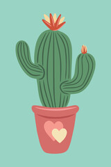 Flat cactus with flower. Сactus with flower in pot  with a heart . Сan be used for greeting cards, invitations, stickers and prints. Illustration for birthday and valentine's.