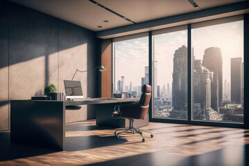 Workspace desk for executive leader in luxury interior of high-rise room in city apartment with large glass window overlooking beautiful cityscape skyline outside. Peculiar AI generative image. - obrazy, fototapety, plakaty