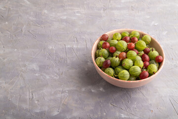 Fresh red and green gooseberry in ceramic bowl on gray concrete, side view, copy space.