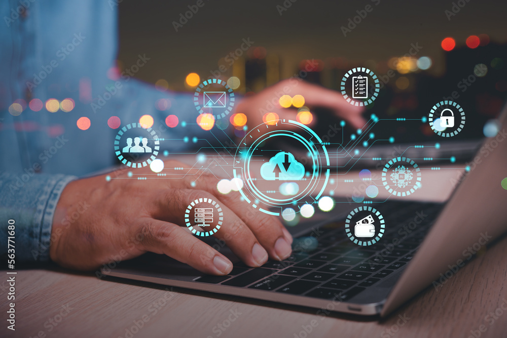 Poster business man using laptop with virtual cloud system diagram on screen , cloud network link connection from node to node