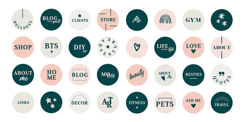 Lifestyle Social Media Text Style Icon Set For IG Stories. Modern Set For Business, Bloggers, Marketing, Branding. Highlight Covers, Minimalist Highlights for Instagram, Pink and green colours