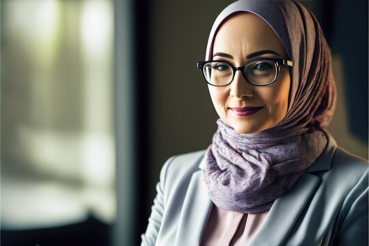 Portrait of confident Beautiful smiling muslim working businesswoman wearing a hijab, suit and eyeglasses. generative AI