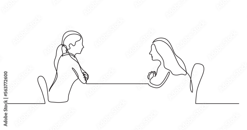 Wall mural continuous line drawing vector illustration with fully editable stroke of two young women sitting be