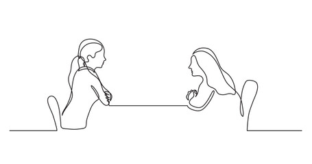 continuous line drawing vector illustration with FULLY EDITABLE STROKE of two young women sitting behind table talking
