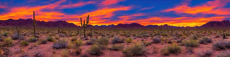 Arizona sunset - colorful and vivid southwestern desert panoramic landscape image created by generative AI - obrazy, fototapety, plakaty