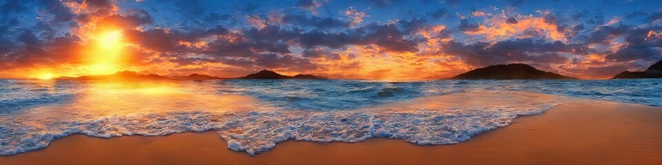 Naklejka na ściany i meble Tropical beach at sunset - panoramic image of a desolate empty beach with waves creeping over the sandy shore by generative AI