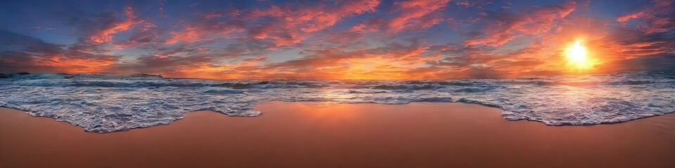 Naklejka na ściany i meble Tropical beach at sunset - panoramic image of a desolate empty beach with waves creeping over the sandy shore by generative AI