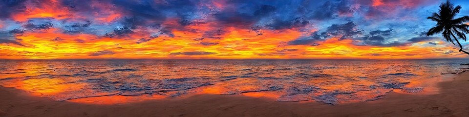 Fototapeta na wymiar Tropical beach at sunset - panoramic image of a desolate empty beach with waves creeping over the sandy shore by generative AI