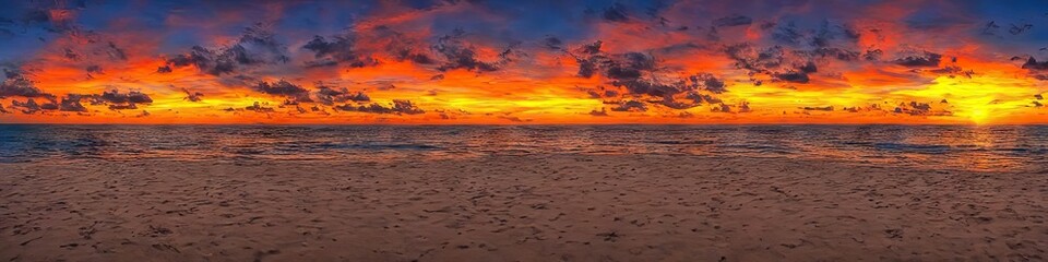 Tropical beach at sunset - panoramic image of a desolate empty beach with waves creeping over the sandy shore by generative AI