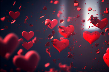 Valentine wallpaper shiny red falling hearts, generative, ai