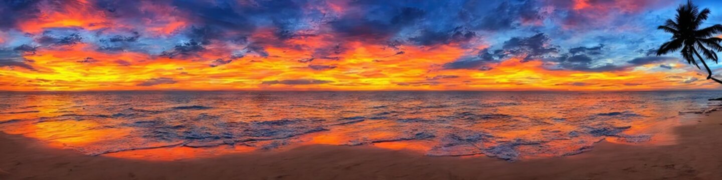 Tropical beach at sunset - panoramic image of a desolate empty beach with waves creeping over the sandy shore by generative AI