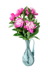 Bouquet of pink peonies in a gray glass jug isolated on white background.