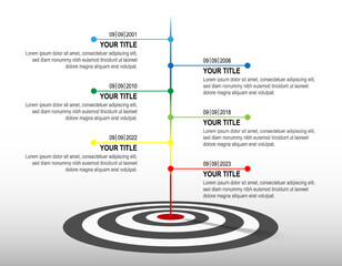 Colour line hit to black and white dartboard with infographic. Target timeline. Business success data chart, investment goal, marketing challenge, strategy presentation, achievement diagram. template.