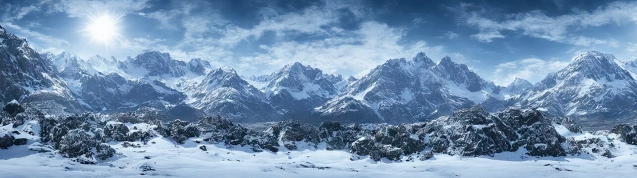 Snowy mountaintop panoramic landscape view - wintertime brings subzero temperatures to the frosty high-altitude environments. These desolate snowcapped mountains created by generative AI