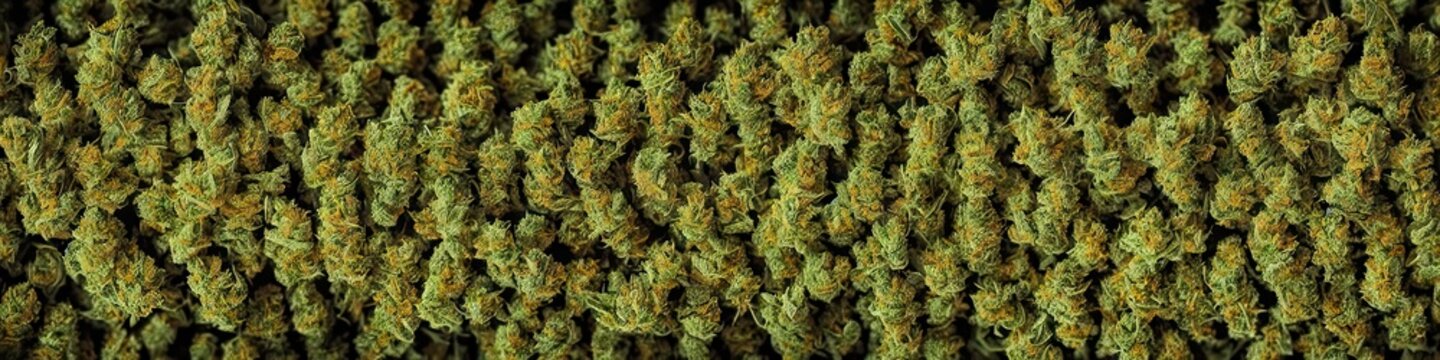 cannabis sativa plants budding with mmj (medical marijuana). Herbal design to replicate medical strains using generative AI. Extra wide image for web banners