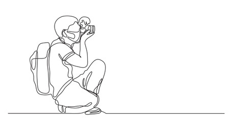 continuous line drawing vector illustration with FULLY EDITABLE STROKE - amateur photographer wearing face mask