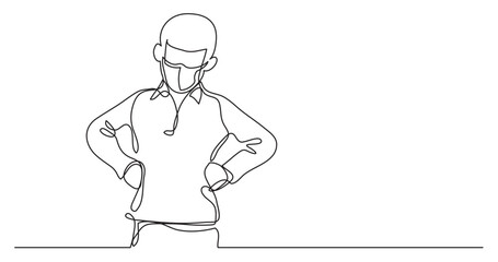 continuous line drawing vector illustration with FULLY EDITABLE STROKE - angry boy with arms on hips wearing face mask