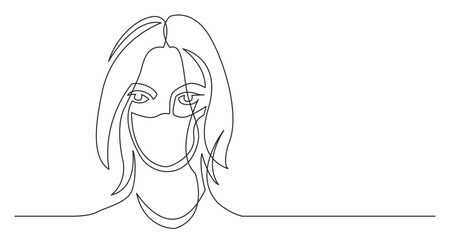 continuous line drawing vector illustration with FULLY EDITABLE STROKE - beautiful woman wearing face mask