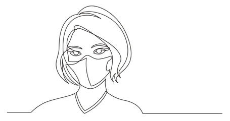 continuous line drawing vector illustration with FULLY EDITABLE STROKE - beautiful young woman portrait wearing face mask