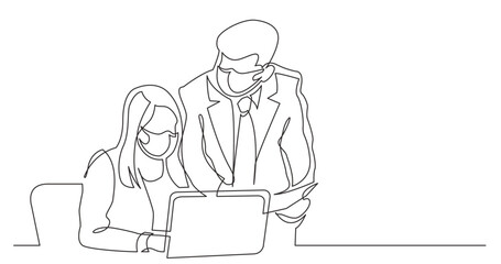 continuous line drawing vector illustration with FULLY EDITABLE STROKE - boss and employee discussing work task wearing face mask