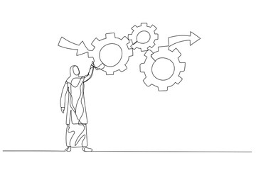 Drawing of muslim businesswoman make cogwheels work effective and efficient for best result concept of workflow management. One continuous line art style