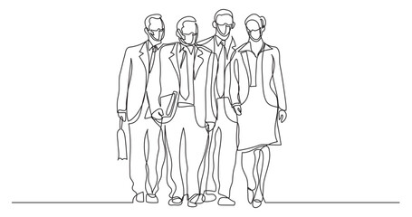 Fototapeta na wymiar continuous line drawing vector illustration with FULLY EDITABLE STROKE - business team walking wearing face mask